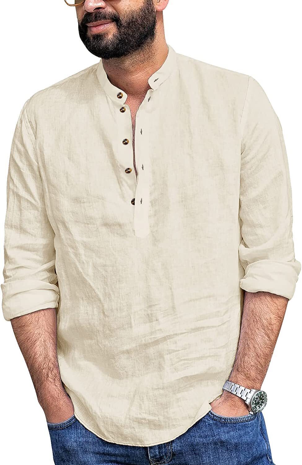 6-Pack Mens Linen Henley Shirt Casual Long Sleeve T-Shirt Summer Beach Plain Tee Tops💖Buy two packs for free shipping💖
