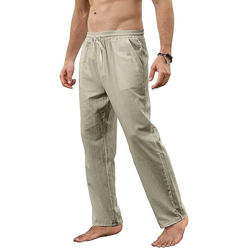 7 PACK Men's Linen Pants Trousers Beach Pants Straight Pants Pocket Drawstring Solid Color Plain Breathable Soft Full Length Home Casual Linen Fashion Classic Loose Fit White Black Micro-elastic
